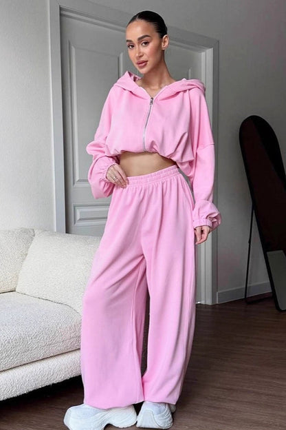 Casual Loose Fit Hoodie Cinched Waist Jogger Pants Set