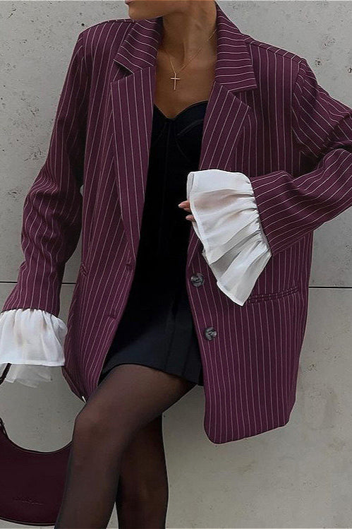 Lace Striped Loose Flared Sleeve Blazer Coat