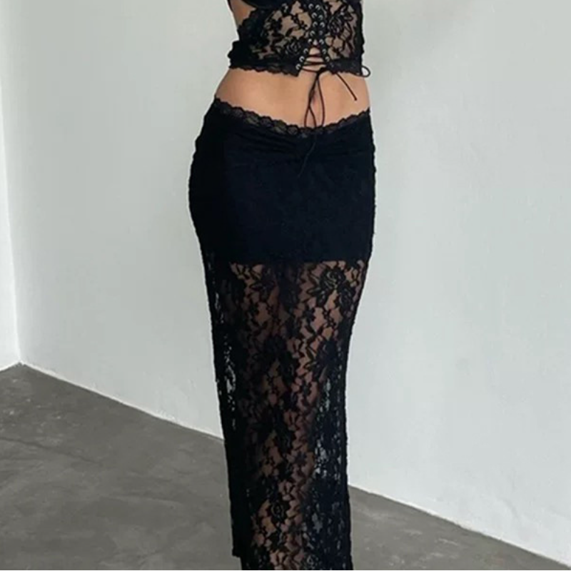 Lace see through solid ruched maxi skirt