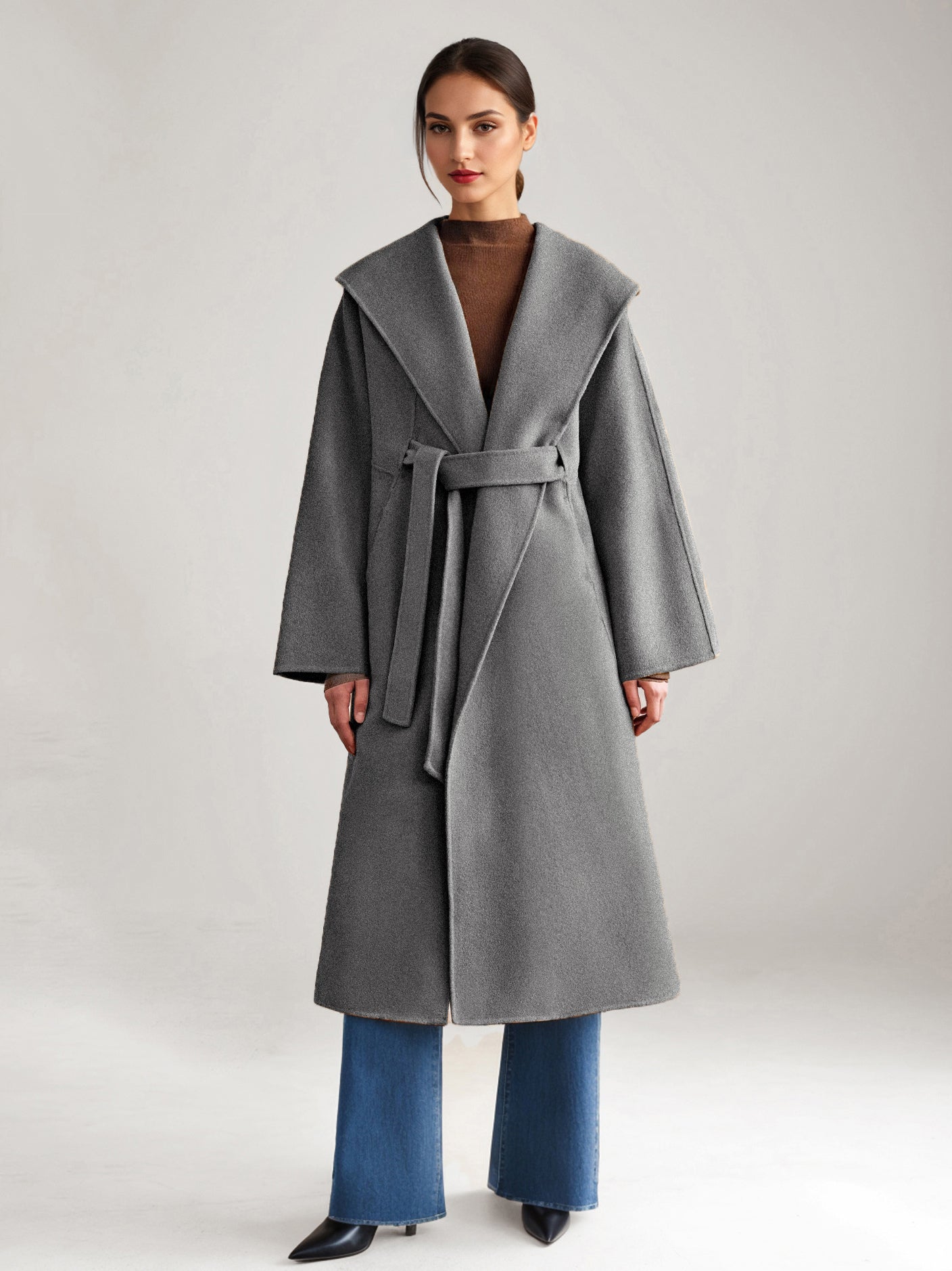 Wool Cashmere Blend Coat White Wide Lapel Double-Faced Belted Winter Outerwear For Women 2026