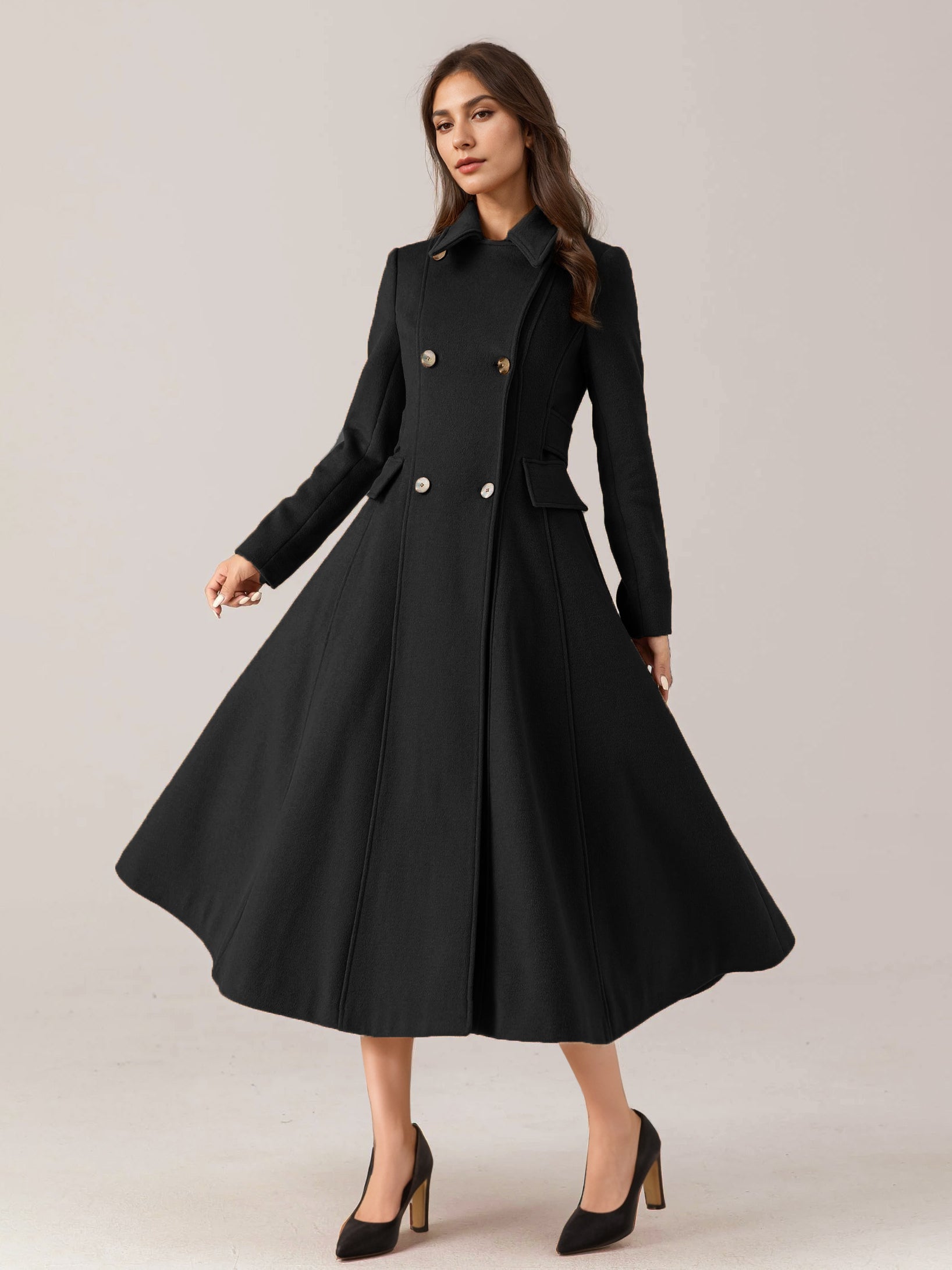 Flared Wool Blend Coat For Woman Red Turndown Collar Double-breasted Elegant 2026 Winter Outerwear