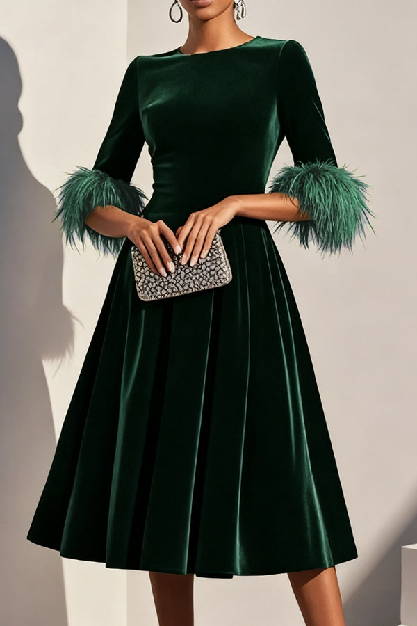 Solid Color Velvet Feather Half Sleeves Elegant Fitted Waist Midi Dress