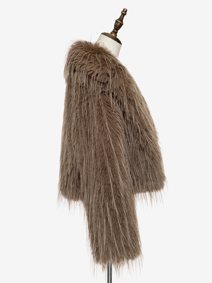Faux Fur Coats Apricot Long Sleeves Faux Fur Jacket Winter Coat