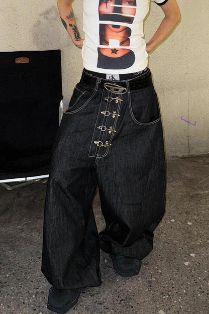 Washed Button Fly Wide Leg Jeans