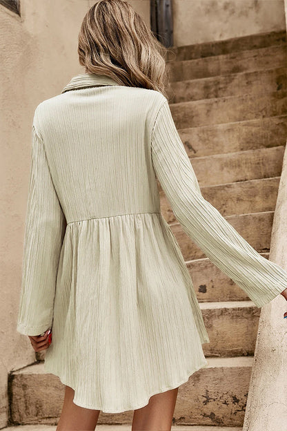 Textured Roll-Up Sleeve Button Front Dress