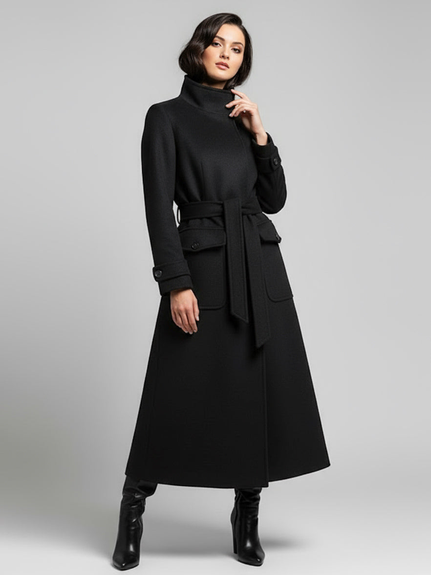 Belted Woolen Stand-Collar Long Winter Coat With Functional Pockets For Women 2026