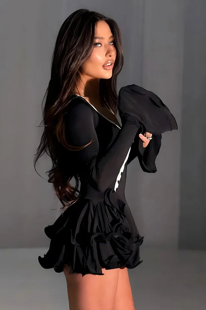 Contrast Trim Button Placket Tiered Ruffle Long Sleeve Mini Dress