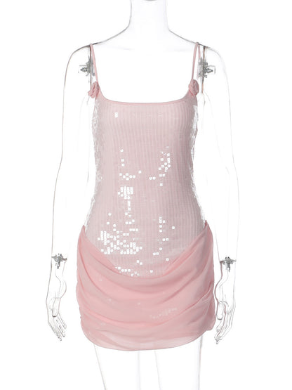 Rose Detail Sequin Square Neck Bodycon Mini Party Dress For Women 2026