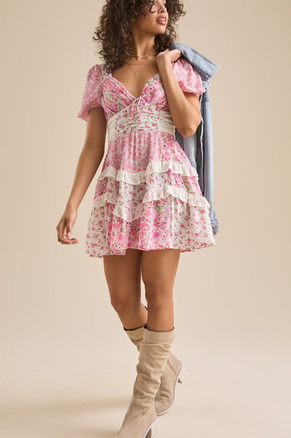 Floral Print Puff Sleeve Lace Smocked Waist Tiered Ruffle Mini Dress