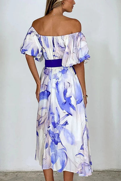 Floral Print Elegant Puff Sleeve Tie-Waist Midi Dress
