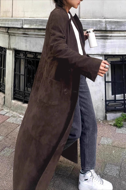 Retro Brown Belted Waist-Tie Long Overcoat