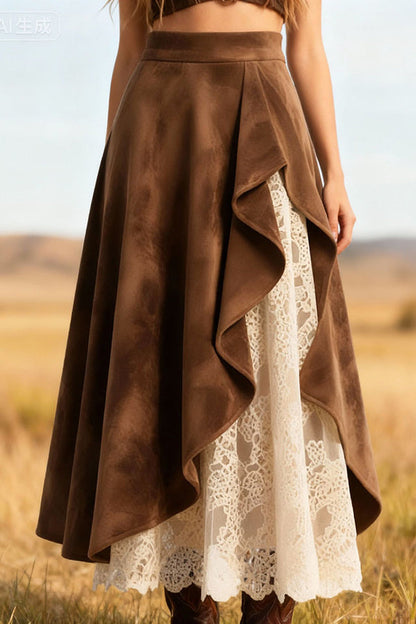 Stylish Suede and Lace Patchwork Elegant Asymmetrical Midi Skirt