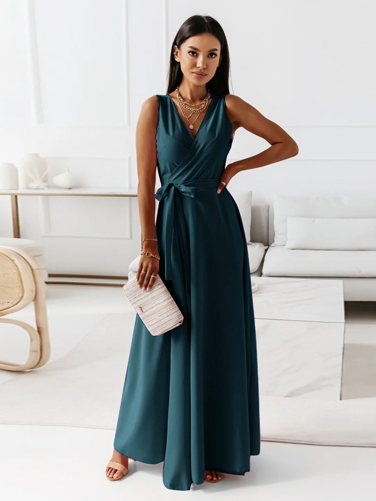 Soft Pink V-Neck Dresses Lace Up Sleeveless Layered Prom Maxi Dress 2026