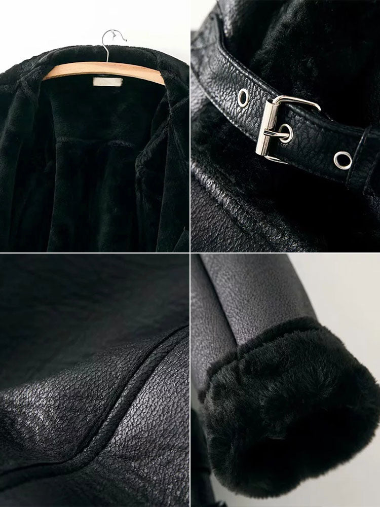 Women's Leather Jacket Faux Shearling PU Moto Jacket Winter Outerwear