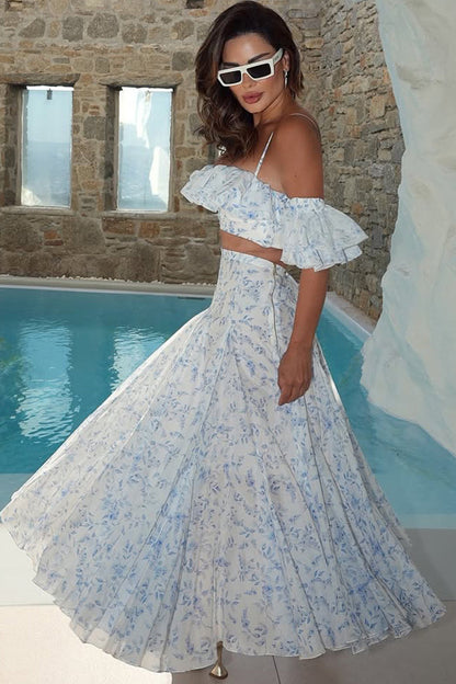 Off Shoulder Floral Ruffled Camisole Maxi Dress Two Piece Set