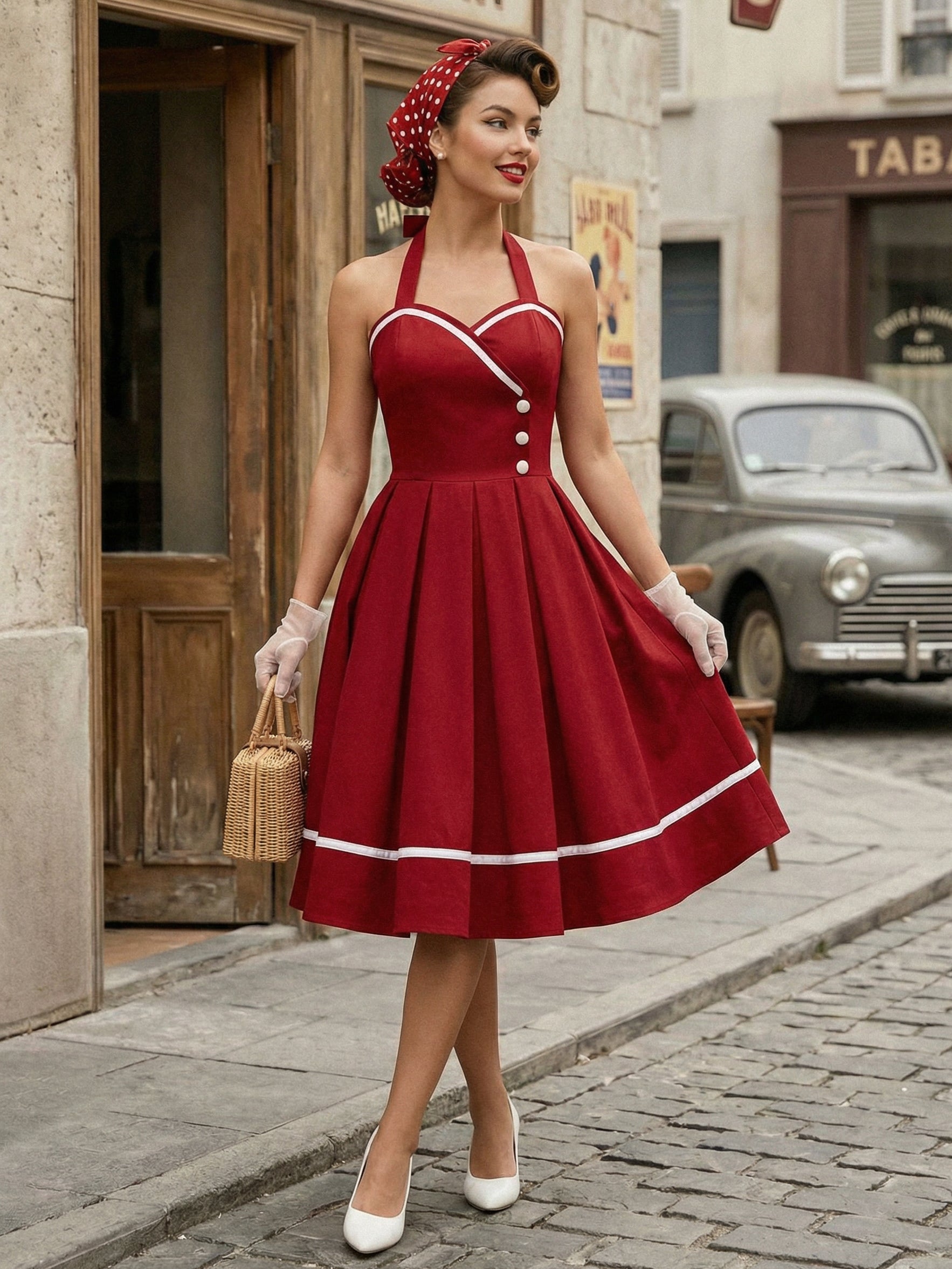 Retro Glamour Dress 1950s Style Burgundy Layered Buttons Sleeveless Sweetheart Neck Swing Dress