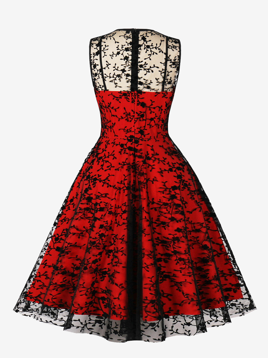 Embroidered Dress Round Neck Sleeveless Lace Up Retro Glamour Dresses