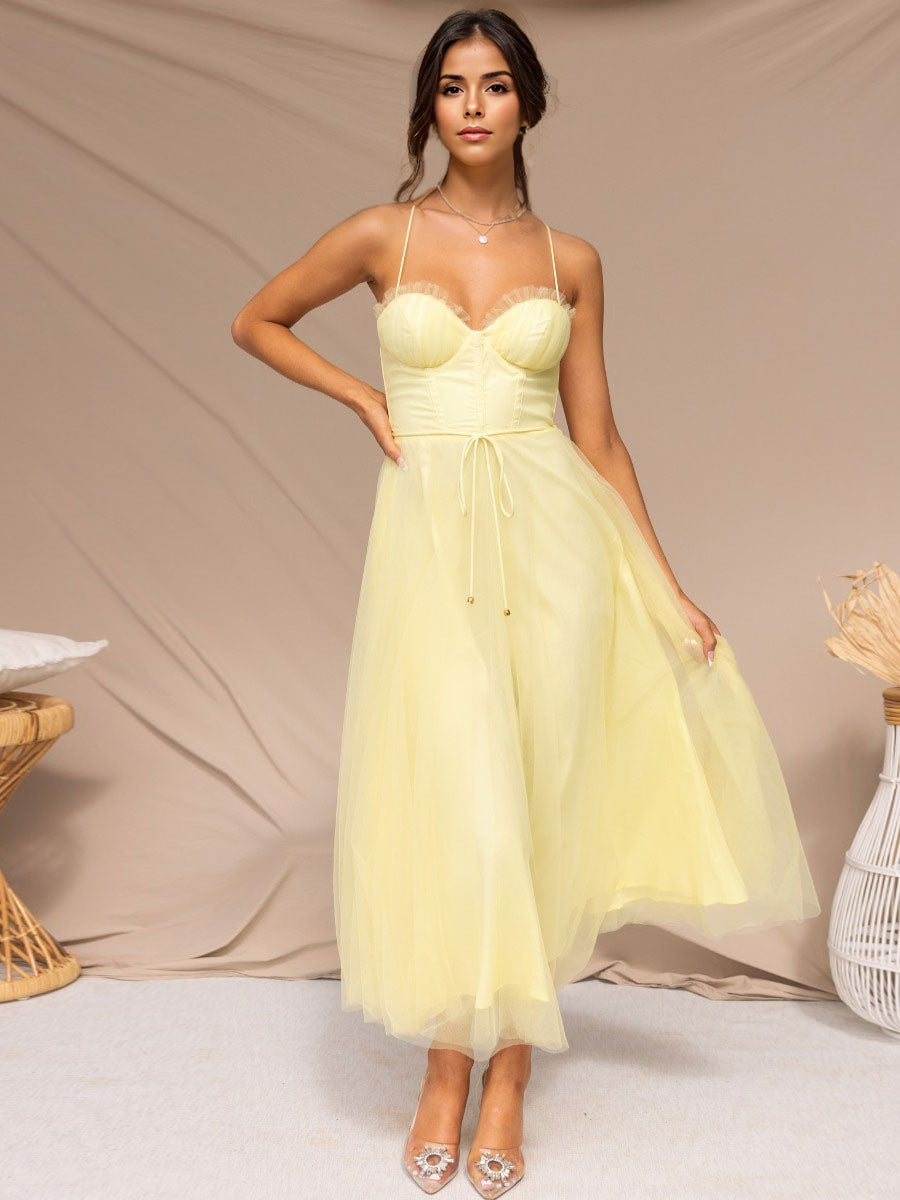 Corset Midi Dress Spaghetti Straps Shirred Lace-up Tulle Skirt Dresses