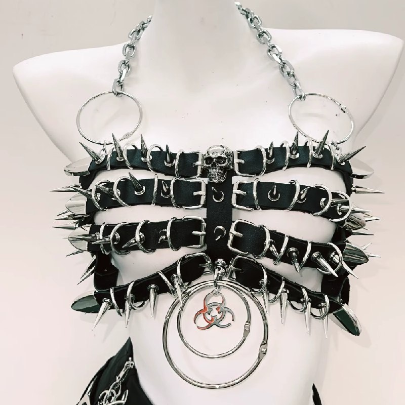 Halter hollow out o ring rivet applique mini skirt set