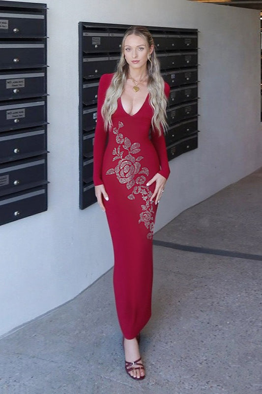 Sexy V-neck Rhinestone Bodycon Maxi Dress