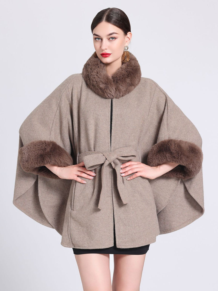 Women Poncho High Collar Light Gray Oversized Faux Fur Cape