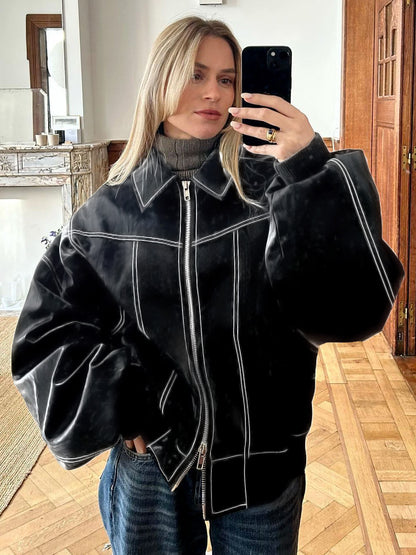 Red PU Leather Jacket Collared Long Sleeves Zipper Daily Casual Jackets