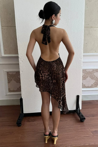 Spotted Print Halter Plunge Asymmetrical Handkerchief Hem Midi Dress