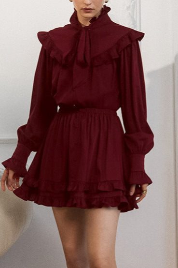 Bow Tie Ruffle Neck Long Sleeve Button Front Ruffled Hem Mini Dress