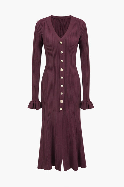 Bernice V-neck Flare Cuffs Knit Midi Dress