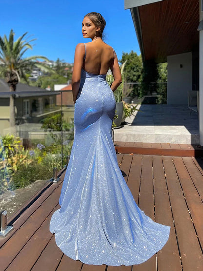 Birthday Party Dresses Blue Straps Neck Sleeveless Backless Prom Long Aquatic Dress