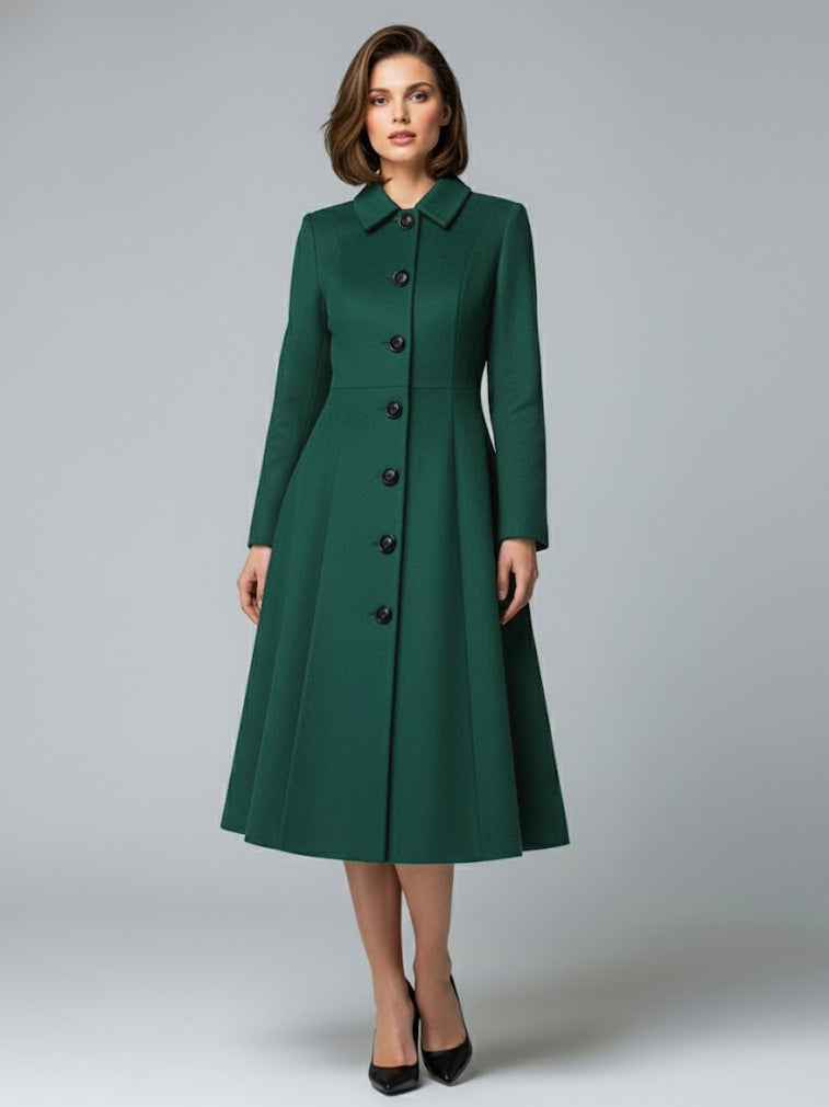 Woolen A-Line Midi Coat With Shirt Collar For Women 2026