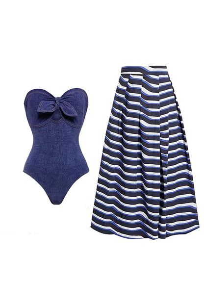 Denim Bandeau One Piece Swimsuit Set