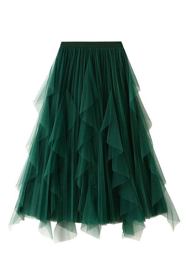 High-waisted ruffled patchwork mesh skirt