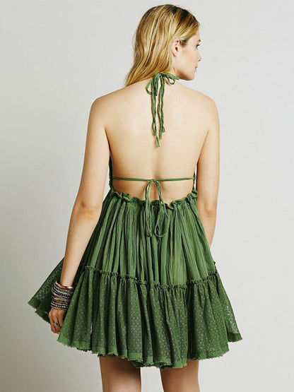 Backless Halter Mini Dress for Women - Boho Textured Ruffle V Neck Tie Back Babydoll Dress - Summer Beach Party 2026