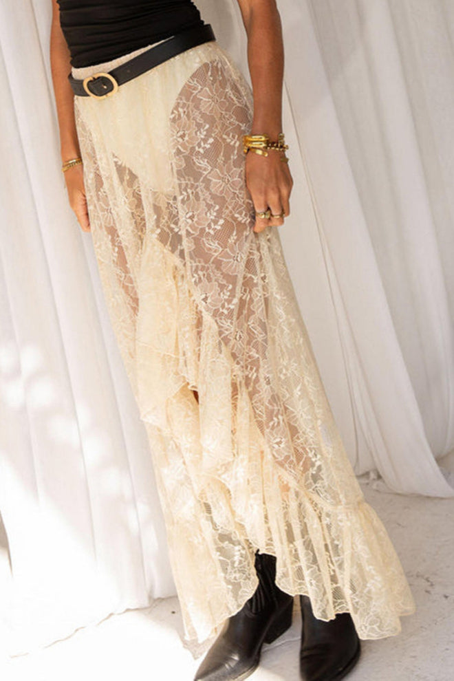 Sheer Lace Asymmetrical Ruffle Skirt