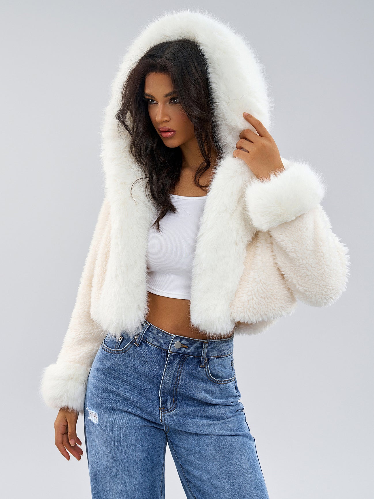 Hooded Faux Fur Coat In White Eco-friendly Winter Cropped Jacket For Women 2026
