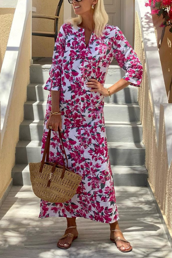 Floral mid-length sleeve V-neck slit long dress
