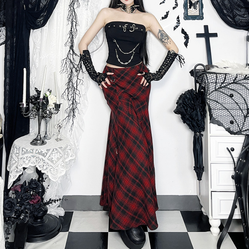 Plaid irregular buckle contrast maxi skirt