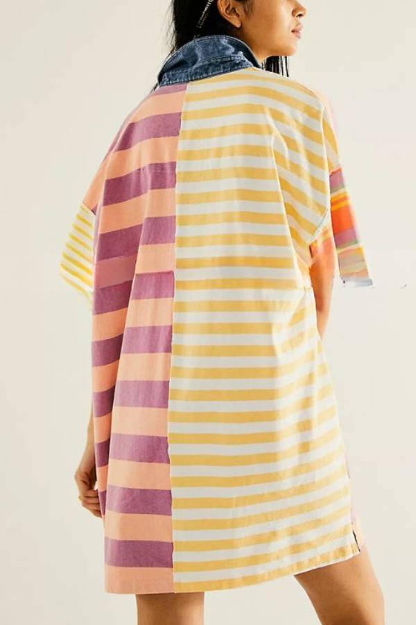 Mid-length Sleeve Lapel Contrast Striped Loose Casual Dress