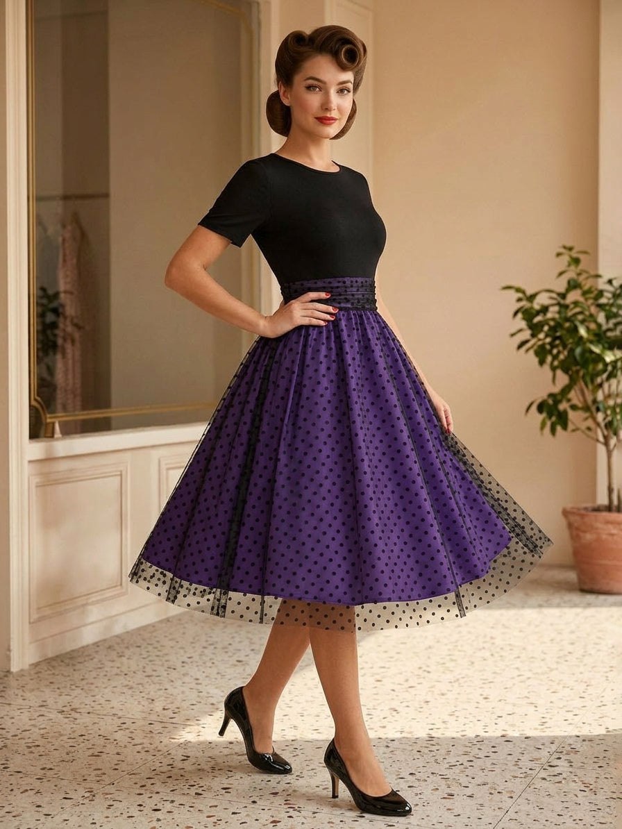 Retro Glamour Dress 1950s Style Jewel Neck Layered Short Sleeves Medium Polka Dot Rockabilly Dress