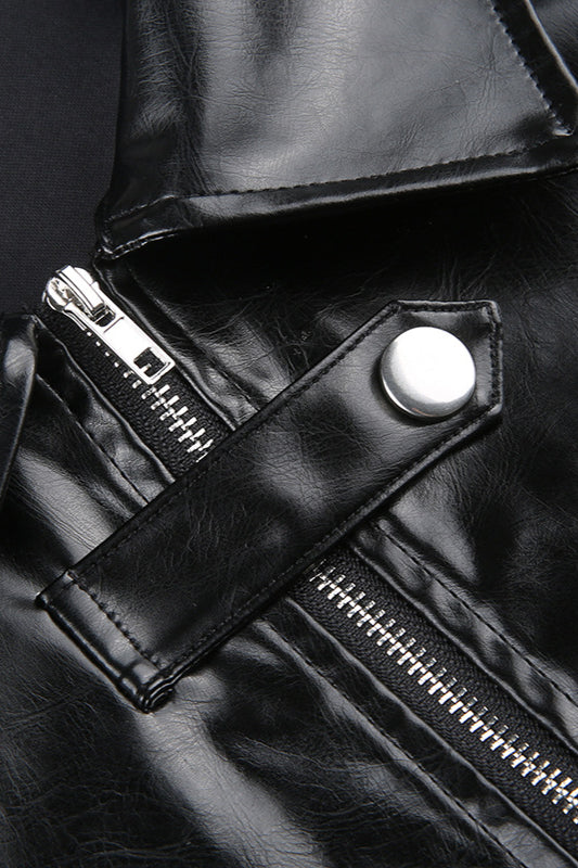 Embroidered Letter PU Leather Coat