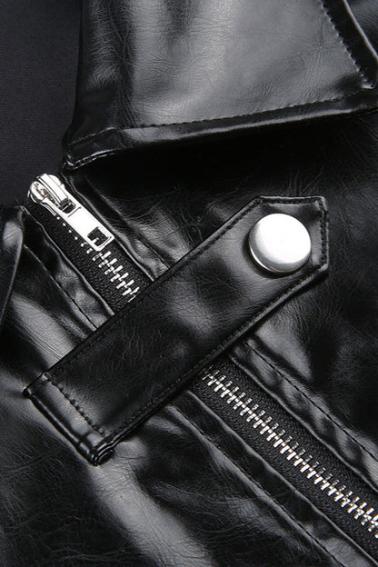 Embroidered Letter PU Leather Coat