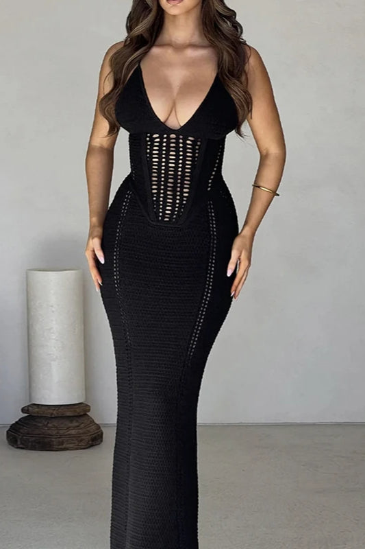 Crochet Plunging V-Neck Spaghetti Strap Corset Paneled Maxi Dress