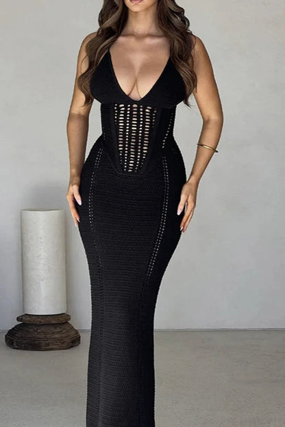 Crochet Plunging V-Neck Spaghetti Strap Corset Paneled Maxi Dress