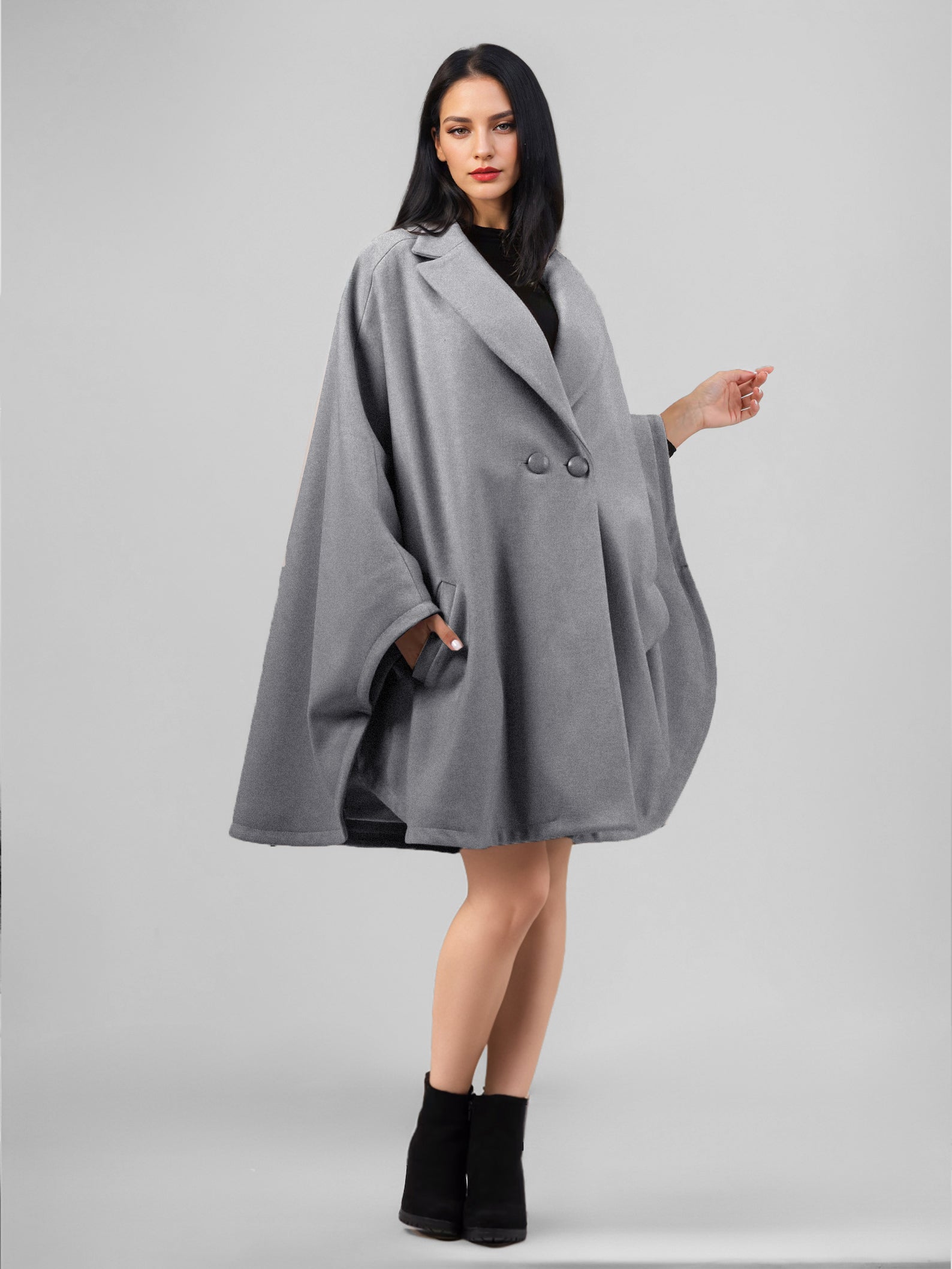 Wool Blend Cape Coat Dark Navy Lapel Oversized Poncho Winter Outerwear For Women 2026