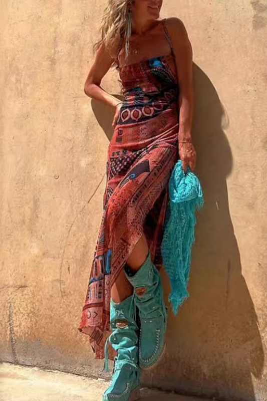 Sexy Sleeveless Printed Elastic Slit Suspender Mesh Dress