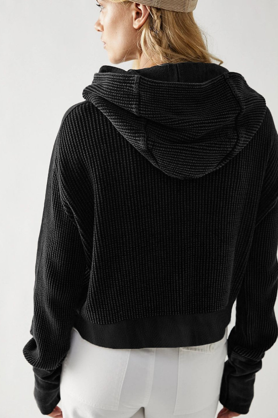Quilted Panel Zip Up Cropped Hoodie