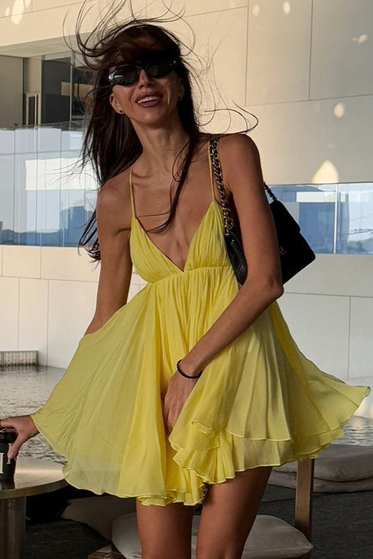 Deep V-Neck Empire Waist Tiered Chiffon Flare Cami Mini Dress