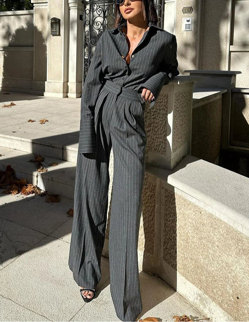 Gray Stripe Long Sleeve Wide Office Two Piece Set