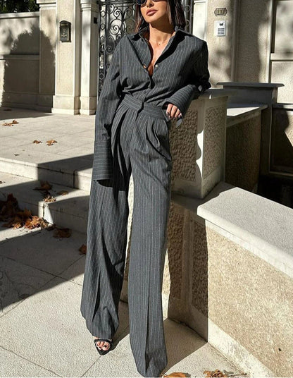 Gray Stripe Long Sleeve Wide Office Two Piece Set